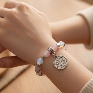 Libra Charm Bracelet in Pink Kunzite and Opalite. 6.5" Genuine Crystal Beads.